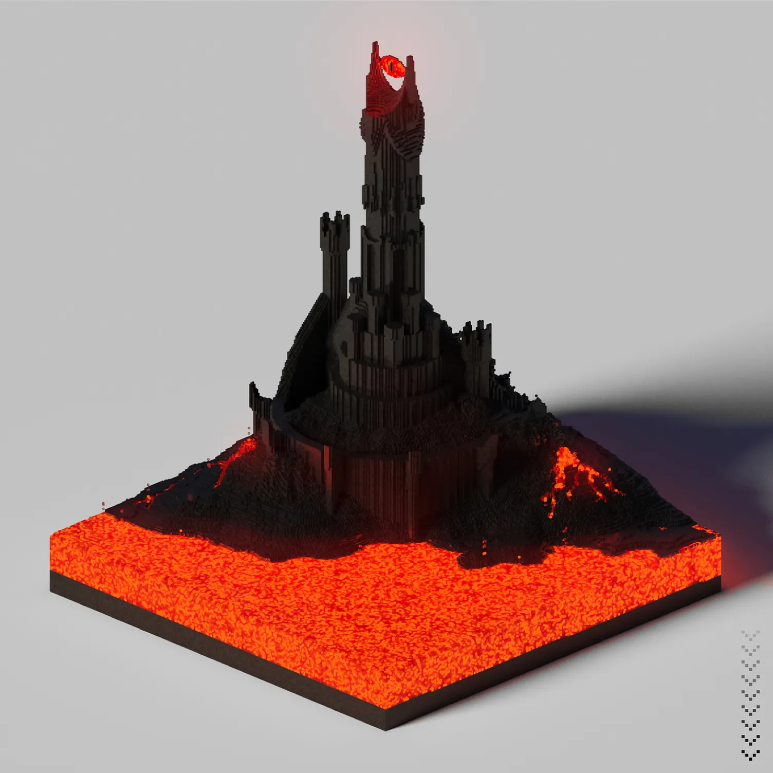 A dark citadel rising from a glowing square of lava